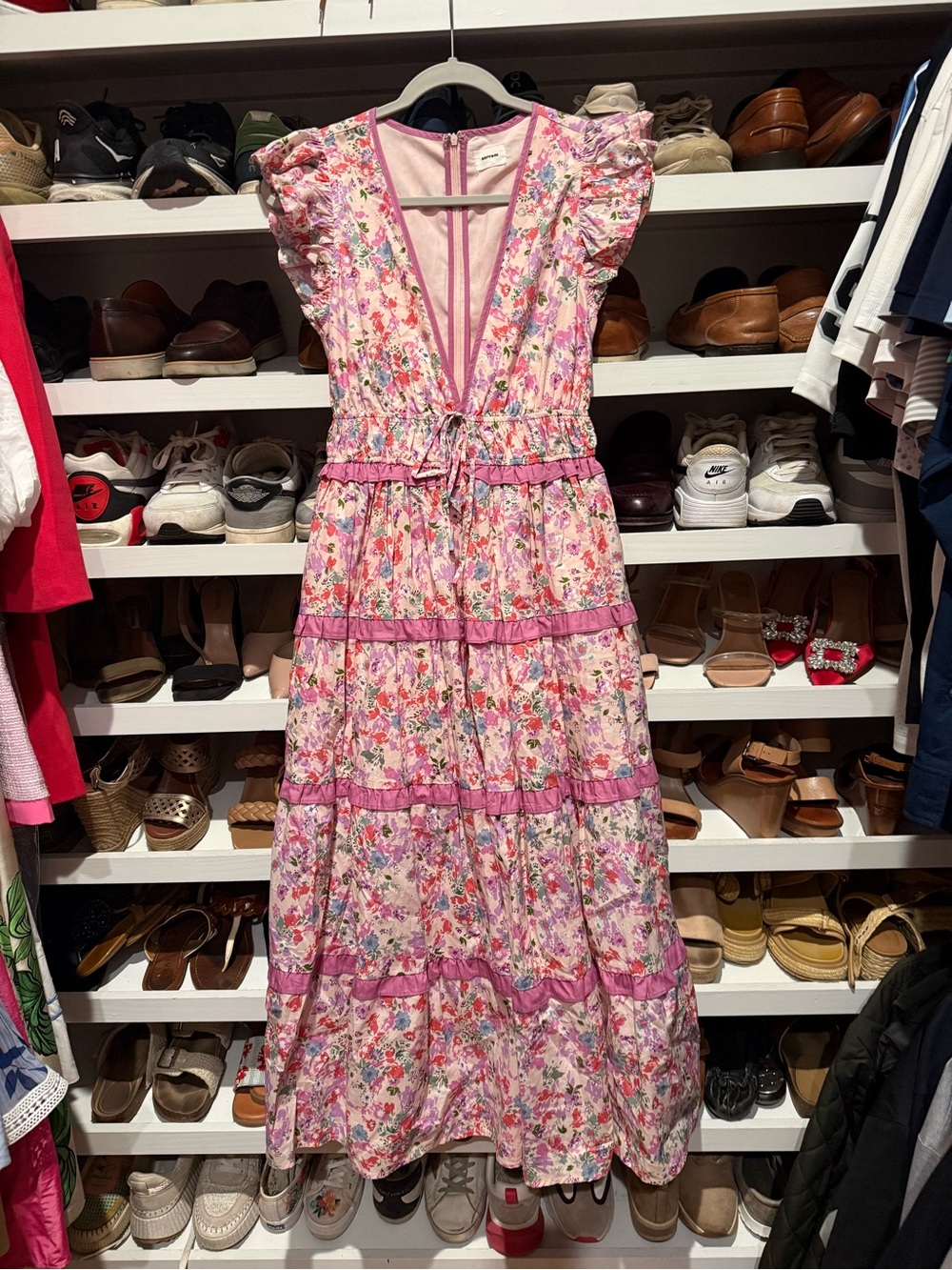AUREUM Pink Floral Maxi Dress with Tiered Ruffles